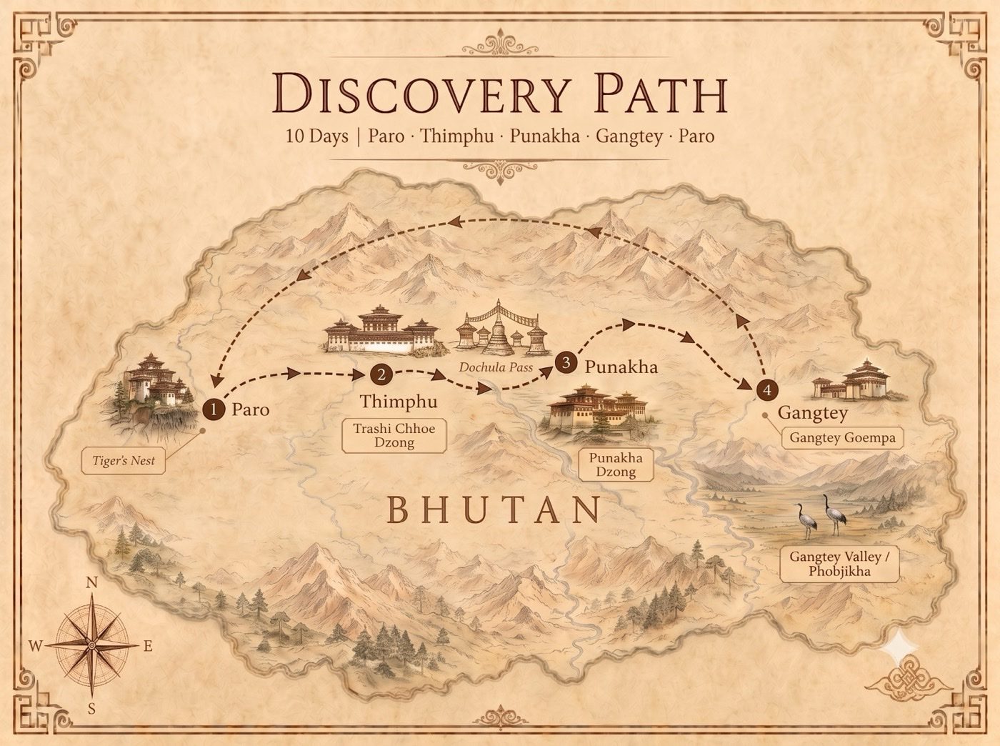 Discovery Path route map — Paro, Thimphu, Punakha, Gangtey