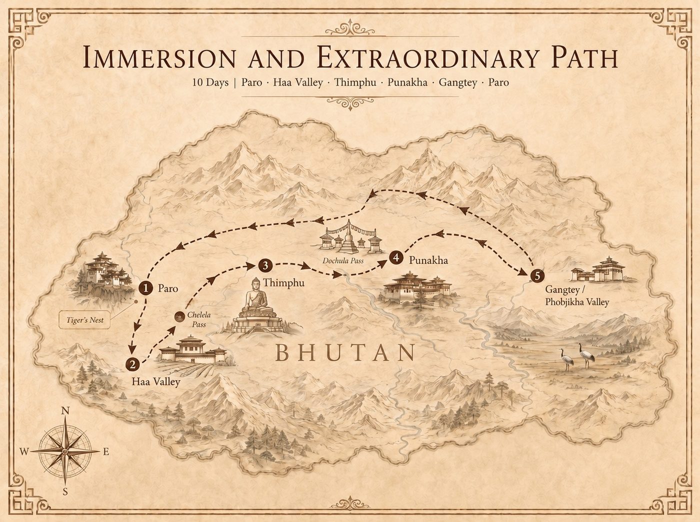 Immersion and Extraordinary Path route map — Paro, Haa Valley, Thimphu, Punakha, Gangtey